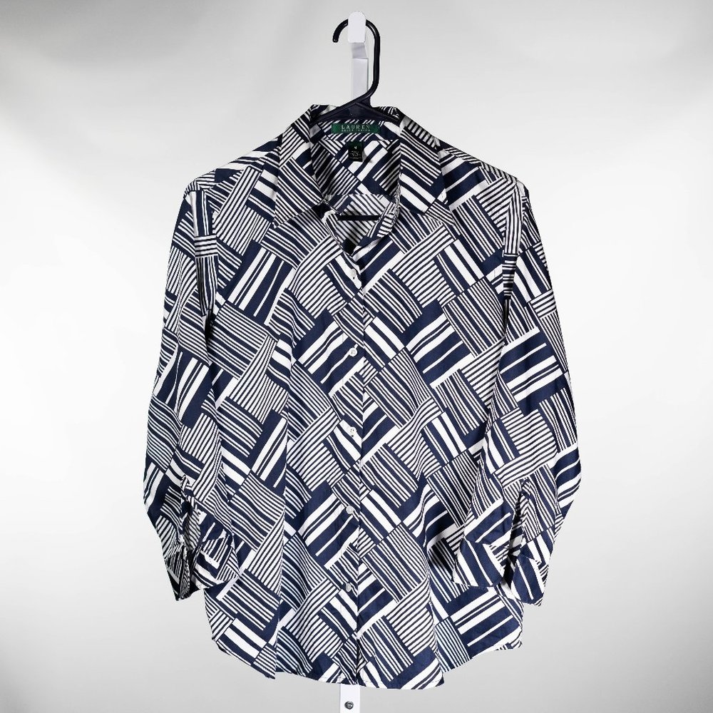 Ralph Lauren Women's Dress Shirt Button Up Blue White Geometric Long Sleeve M